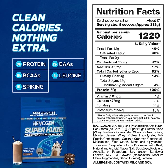 Evogen Super Huge Mass Gainer Protein Powder | 50g Protein Chocolate Shake | High Calorie Weight Gainer for Men &amp Women with Carbs &amp Nutrients | Strength &amp Weight Gain Support