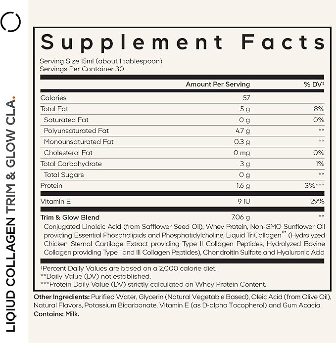 Codeage Liquid Collagen Supplement Vanilla Flavor Beauty Trim &amp Glow Liposomal Collagen Peptides CLA Conjugated Linoleic Acid Hyaluronic Acid Vitamin E Hydrolyzed Non-GMO 15.22 fl oz