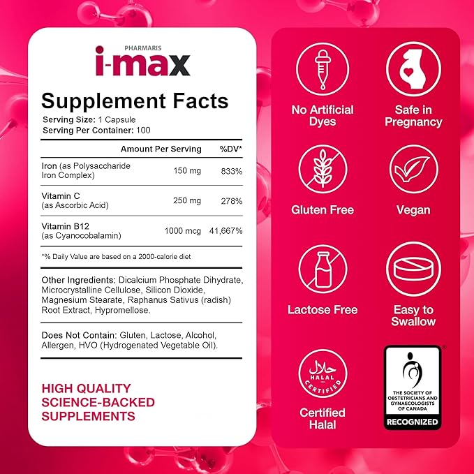 i-max Iron Supplement 150 mg Vitamin C 250 mg &amp B12 1000 mcg Iron Supplement Treatment for Women &amp Men Once Daily 100 Capsules