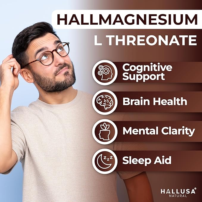 Hallusa Natural Magnesium L-Threonate Capsules 2000mg Cognitive Support Supplement for Brain Health &amp Memory Mental Clarity Focus &amp Sleep Aid Non-GMO Gluten-Free 60 Count