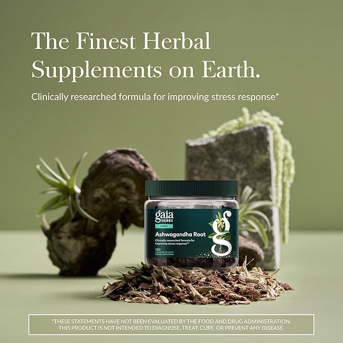 Gaia Herbs Ashwagandha Root - Stress Relief &amp Sleep Support Supplement - Supports Balanced Energy Levels &amp Positive Outlook* - 180 Vegan Liquid Phyto-Caps (90 Servings)