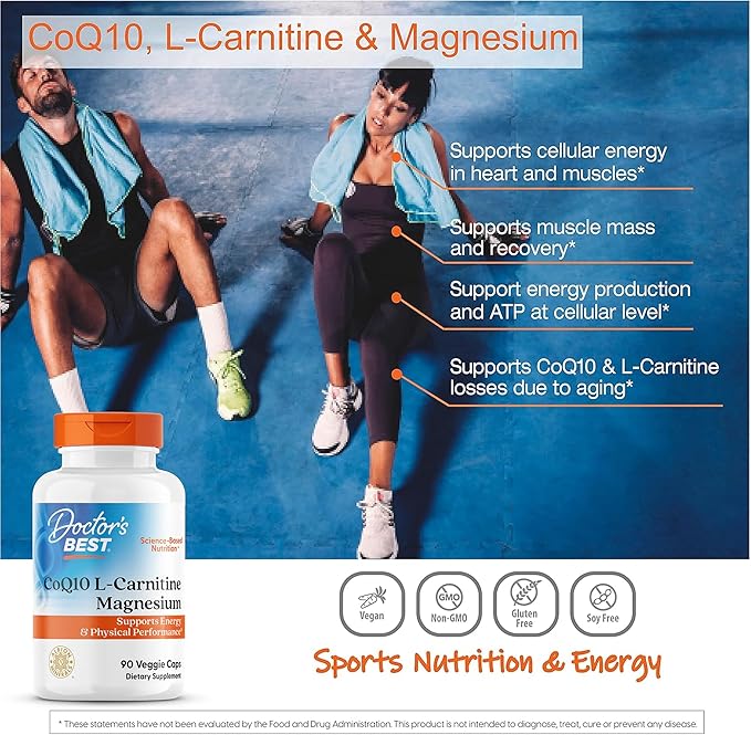 Doctor's Best Coq10/l-Carnitine/Magnesium Unique Blend Supports Energy Muscle Mass &amp Muscle Recovery Veggie Caps 90Count
