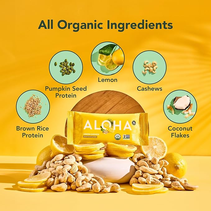 ALOHA Organic Plant Based Protein Bars - Lemon Cashew - 12-Count - Vegan Low Sugar Gluten-Free Paleo Low Carb Non-GMO No Stevia &amp No Erythritol