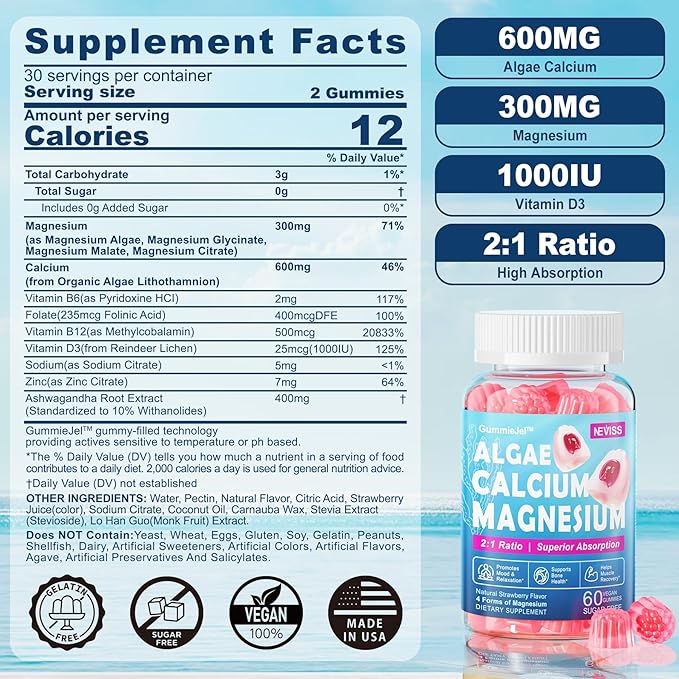 Sugar Free Calcium Supplement 600mg Algae Calcium Magnesium 2:1 Ratio + Sugar-Free CoQ10-250mg Filled Gummies High Absorption Coenzyme Q10
