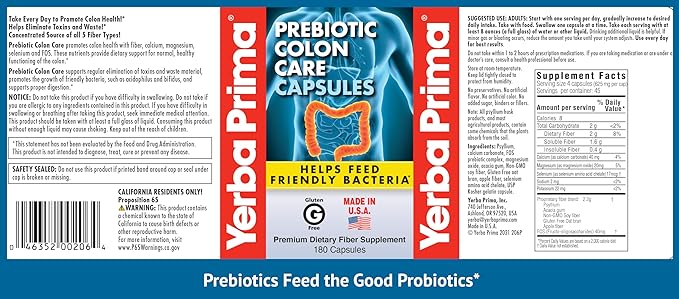 Yerba Prima Prebiotics Colon Care Fiber Caps 180 Capsules - Five Forms of Fiber Plus FOS Pre-biotics - Dietary Health Supplement - Healthy Soluble &amp Insoluble Fibers for Regularity