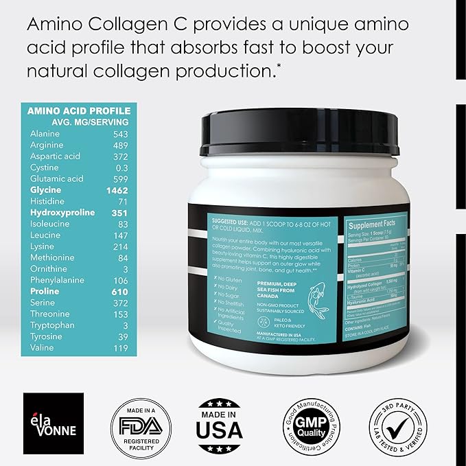 (3-Pack) Amino Collagen C - Collagen Powder (180 Scoops) - Marine Collagen Peptides + Hyaluronic Acid. No Sugar. No Odor. Non GMO. USA. for Hair Skin Nails Joints &amp Gut Health.