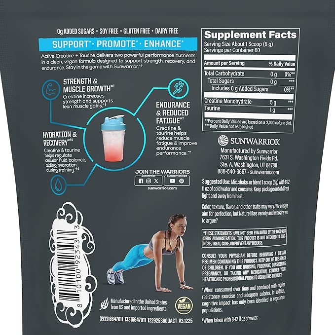 Creatine Monohydrate Powder Taurine Supplement 5g Creatine Monohydrate 1g Taurine per Serving | Vegan Muscle Strength Endurance &amp Recovery Support Clean Performance Formula | 60 Servings Unflav