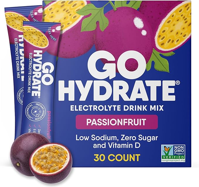 GoHydrate Low Sodium Electrolytes Powder Packets Sugar Free - Instant Hydration Daily Drink Mix - Zero Sugar Water Flavor Packet Singles with Vitamin D - (Passion Fruit 30 Packs)