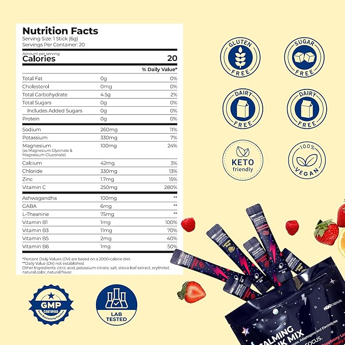 H2O Capsule Calm Magnesium Glycinate Powdered Drink Mix with Electrolytes – Sugar Free Ashwagandha L-Theanine B6 &amp GABA – 60 Servings (20 Lemon 20 Strawberry 20 Raspberry)