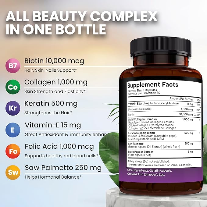 NEW AGE Biotin Collagen Keratin Hyaluronic Acid - 50000mcg Hair Growth Vitamins for Men and Women Nails Hair Skin Vitamins and DHT Blocker with Vitamin E Folic Acid Pumpkin Seed MSM- 180 Count