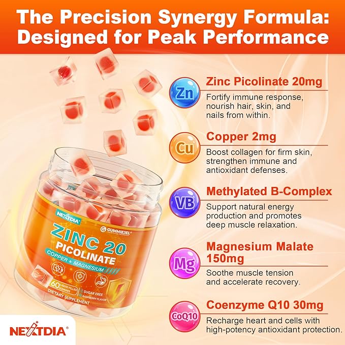 Zinc Picolinate Gummies + Copper Magnesium Methylated B Complex CoQ10 for Women Men High Absorption Chelated Zinc Copper Bisglycinate Supplements Immune Support Gummy - Sugar Free Vegan 60ct