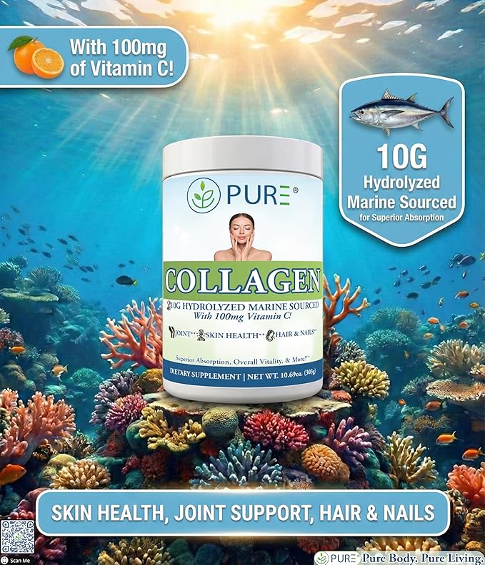 PURE® Hydrolyzed Marine Collagen Powder - 10g Collagen per Serving - 30 Servings Unflavored - with 100mg Vitamin C for Maximum Absorption - Skin Hair Nail &amp Joint Support - Non-GMO Made in USA