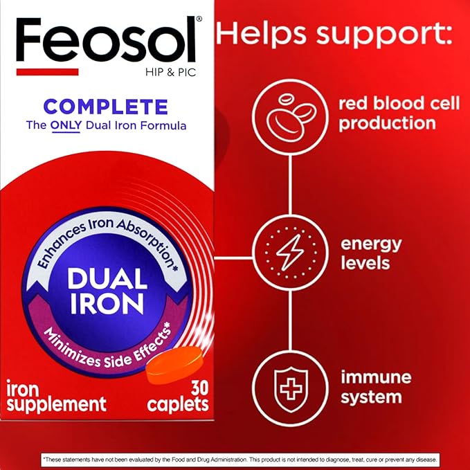 Feosol Bifera Hip &amp PIC Iron Supplement Complete - 30 Caplets Pack of 3