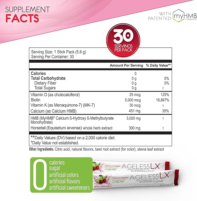 AgelessLX Powder Supplement for Women - with HMB Collagen Enhancer Plus Vitamin D3 with K2 Horsetail and Biotin for Lean Muscle and Stronger Hair and Nails - 30 Powder Packets Cherry Limeade