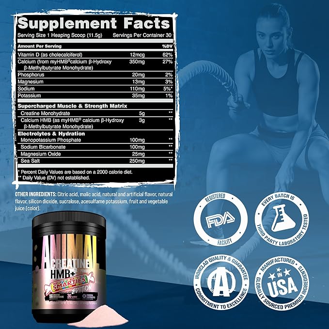 Animal Creatine HMB Powder x Smarties - 3g myHMB + 5g Creatine Monohydrate Powder with Electrolytes for Muscle Growth Recovery Endurance Pre/Post Workout - Smarties Flavor 30 Servings