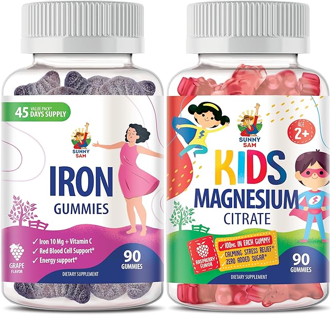 SUNNY SAM Magnesium Gummies for Kids &amp Iron Gummies for Adults - Iron Vitamins with Vitamin C