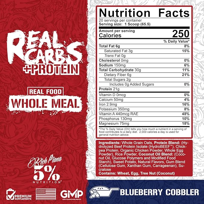 5% Nutrition Rich Piana Real Carbs + Protein | Clean Mass Gainer Protein Powder | Real Food Carbohydrate Fuel for Pre Workout/Post-Workout Recovery Meal | 2.89 lb 20 Srvgs (Blueberry Cobbler)