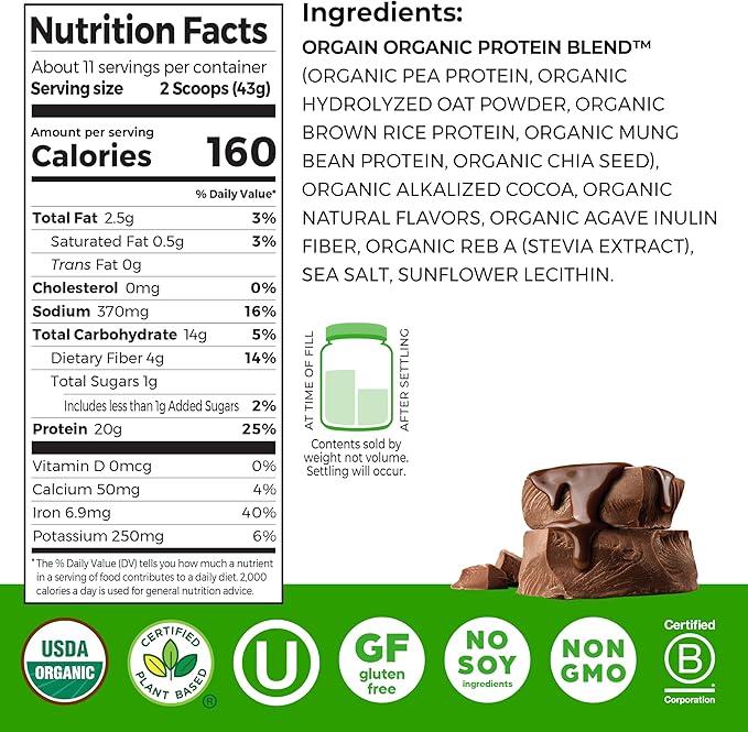 Orgain Organic Vegan Protein Powder + Oat Milk Chocolate - 20g Plant Based Protein Gluten Free No Dairy Soy or Lactose Ingredients Low Sugar Non-GMO Kosher For Shakes &amp Smoothies - 1.05lb