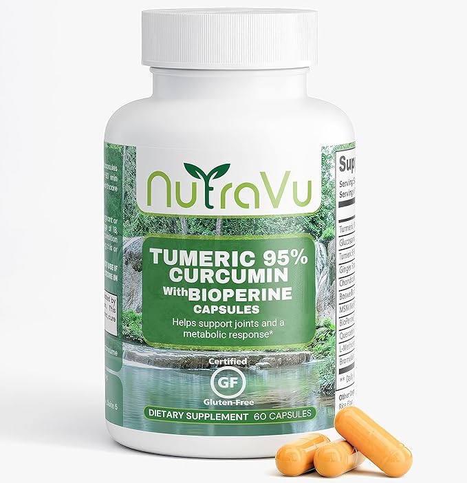 Turmeric 95% Curcumin w/Bioperine - 60 Capsules - Gluten Free - Contains Glucosamine Ginger Boswellia MSM