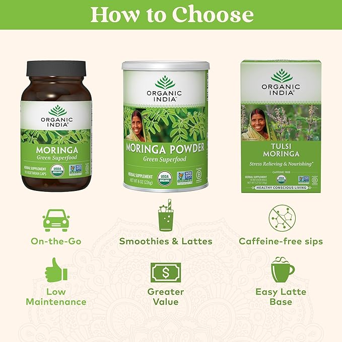 ORGANIC INDIA Moringa Herbal Supplement - Green Superfood Nutrient Dense Pure Plant Protein Vitamin A E K Iron Calcium Fiber Vegan Gluten-Free USDA Certified Organic - 90 Capsules
