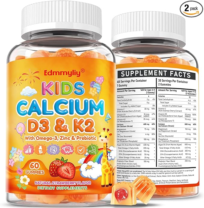 Kids Calcium Gummies with Vitamin D3 K2 - Calcium Citrate with Magnesium Zinc Omega-3 and Probiotics for Kids Bone Health Digestive &amp Development Support - Sugar Free Gummies Non-GMO Vegan