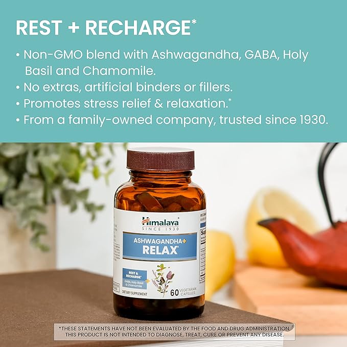 Himalaya Ashwagandha+ Relax with GABA Holy Basil &amp Chamomile for Reset Relaxation &amp Stress Relief Vegan Gluten Free 540 mg 60 Vegetarian Capsules 1 Month Supply