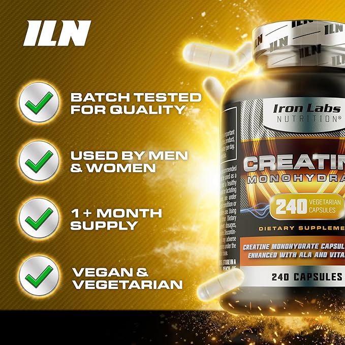 Iron Labs Nutrition Creatine Monohydrate (240 Capsules) - 3900mg Per Serving - Unflavoured Capsules - High Strength Creatine for Men &amp Women