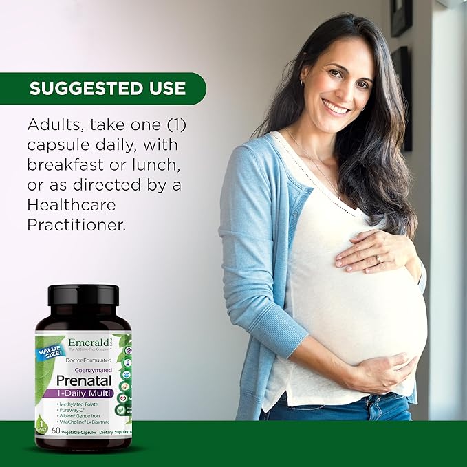 EMERALD LABS Prenatal 1-Daily Multi - Prenatal Multivitamin with Methylated Folate Iron Whole-Food Blend &amp More - Soy-Free Gluten-Free - 60 Vegetable Capsules