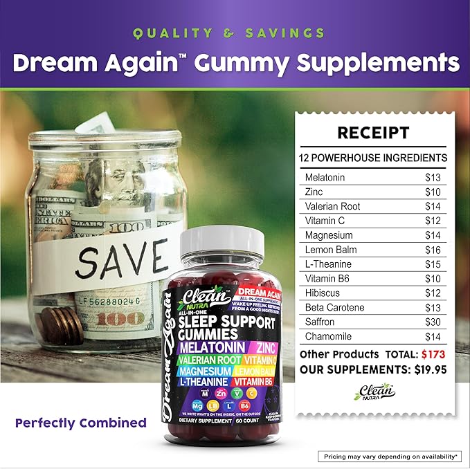 Clean Nutra Melatonin Gummies 10mg | Sleep Aid Valerian Root L-Theanine Vitamin B6 C Lemon Balm Magnesium Hibiscus Beta Carotene Saffron &amp Chamomile Rest Support Supplement Raspberry Flavor