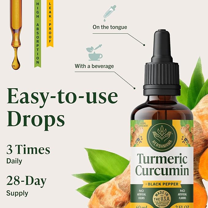 HERBAMAMA Liquid Turmeric Drops - Vegan Uric Acid &amp Digestive Support with Pure Turmeric Curcumin with Black Peppe Extract - Non-GMO Alcohol &amp Sugar-Free Antioxidant Supplement - 28-Day Suppl