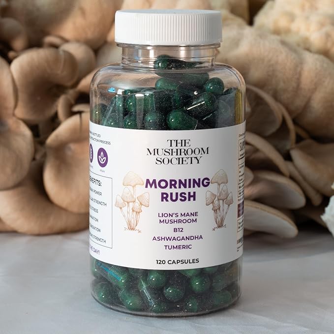 Morning Rush - Lion’s Mane Ashwagandha Turmeric &amp B12 Extract Blend - Mushroom Supplement for Focus &amp Energy Support - 120 Vegan Capsules