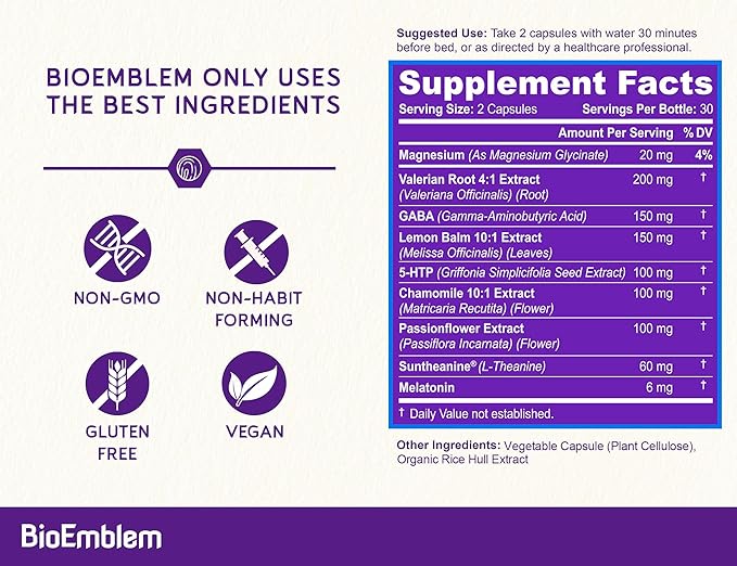 BioEmblem Natural Sleep Aid for Adults with Melatonin Valerian Root Suntheanine &amp More | Healthy Sleep Supplement | Herbal Sleeping Pills | 60 Capsules 2 Pack