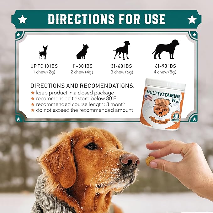 Old Dog's Barn Multivitamins 19 in 1 for Dogs – Glucosamine Salmon Oil Cranberry Powder Hemp Seed Oil (Omega 6) MSM Chondroitin Vitamin C Probiotics Zinc &amp Folic Acid 120 Soft Chews