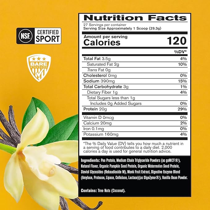 BARE PERFORMANCE NUTRITION Vegan Protein Plant Based Protein Pea Protein Watermelon Protein and Pumpkin Protein Naturally Sweetened and Flavored (Vanilla)