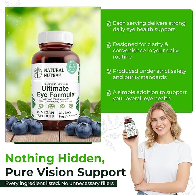 Natural Nutra Ultimate Eye Health Supplement - Bilberry &amp Blueberry Extract Blend for Day and Night Vision Support Promotes Color Perception &amp Eye Clarity - Non-GMO Gluten-Free Vegan - 30 C