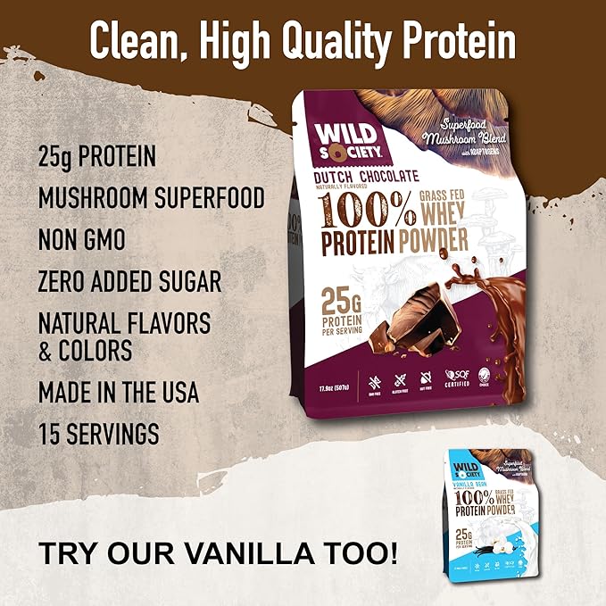 WILD SOCIETY - Premium 100% Grass Fed Whey Protein Powder + Superfood Mushrooms &amp Adaptogens - 25g Protein Clean Protein Powder 0 Added Sugar Non GMO Gluten Free - Dutch Chocolate - 17.9 oz