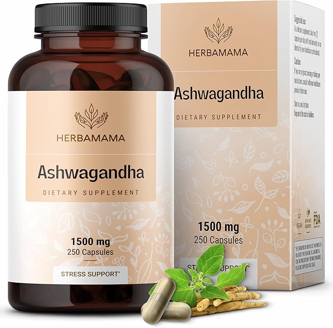HERBAMAMA Ashwagandha Capsules - 1500mg Pure Ashwagandha Root for Relaxation &amp Mood Support - Vegan Non-GMO Focus &amp Calming Supplement for Adults 250 Caps