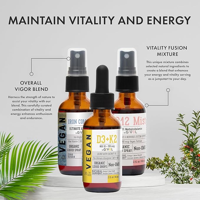 Energy &amp Vitality Bundle Liquid Vitamin Spray Trio - B12 Methylcobalamin Iron Bisglycinate and D3 (Lichen) &amp K2 (MK4 &amp MK7) Non-GMO Gluten Free Sugar-Free 2 Fl Oz (60 ml) 540 Days Su