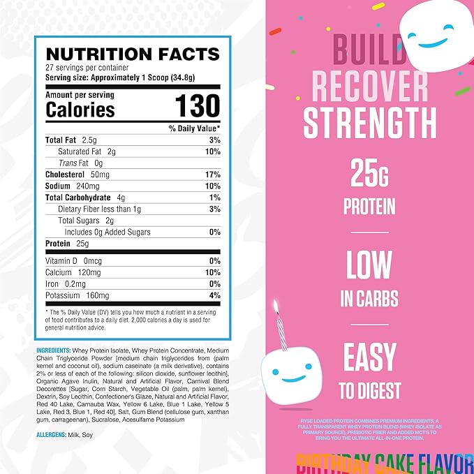 RYSE Loaded Protein Powder - Jet-Puffed Birthday Cake - 25g Whey Protein Isolate &amp Concentrate with Prebiotic Fiber &amp MCTs - Low Carb Low Sugar Digestive-Friendly - 27 Servings / 2 lb Tub