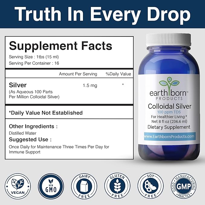 Earthborn Colloidal Silver Liquid (8oz) - 100PPM Pure Monatomic Silver Water - 99.9% Natural Nano Silver Liquid Supplement for Immune Support* Non-GMO Glass Bottle | Made in USA