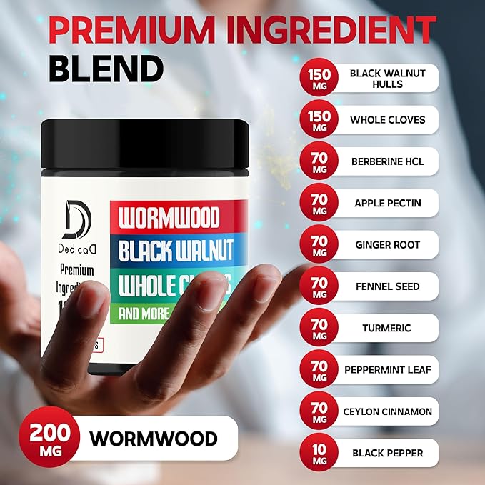 Wormwood Supplement - 120 Capsules Extracted from Black Walnut Cloves Turmeric Apple Berberine HCl &amp More - 11 Ingredients Combined for Immune System - 2-Month Supply