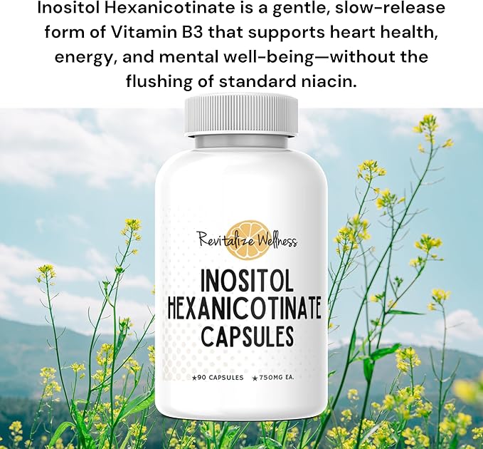 Niacin Capsules as Inositol Hexanicotinate | Gentle Slow Release Form of B3 that Supports Heart Health Energy and Mental Health B3 | No Flush Niacin Alternative | 90 Servings