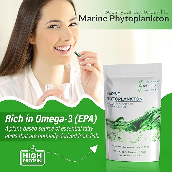Marine Phytoplankton Supplement Superfood Rich in Omega-3 and Essential Nutrients (180 Capsules)