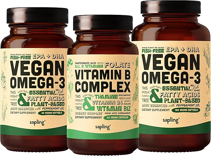 sapling Vitamin B Complex &amp Vegan Omega 3 60 &amp 180 Softgels Bundle - Essential B Vitamins with Whole Food Blend Plant Based DHA &amp EPA Fatty Acids