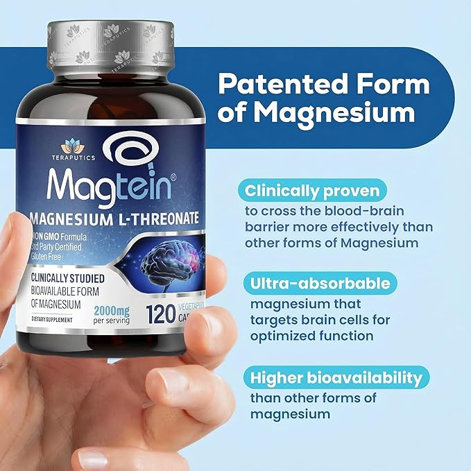 Magnesium L Threonate Magtein Brain Supplement for Memory Focus Sleep and Cognitive Support High Absorption Magnesium L-Threonate Non-GMO No Laxative Effect – 2000 mg 120 Vegan Capsules