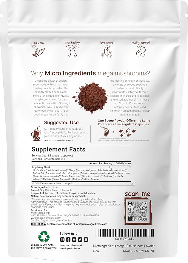 Micro Ingredients Organic Mushroom 10-in-1 Blend 5 oz | Chaga Lion’s Mane Cordyceps &amp More | Great for Smoothies &amp Daily Use | Non-GMO Vegan Friendly