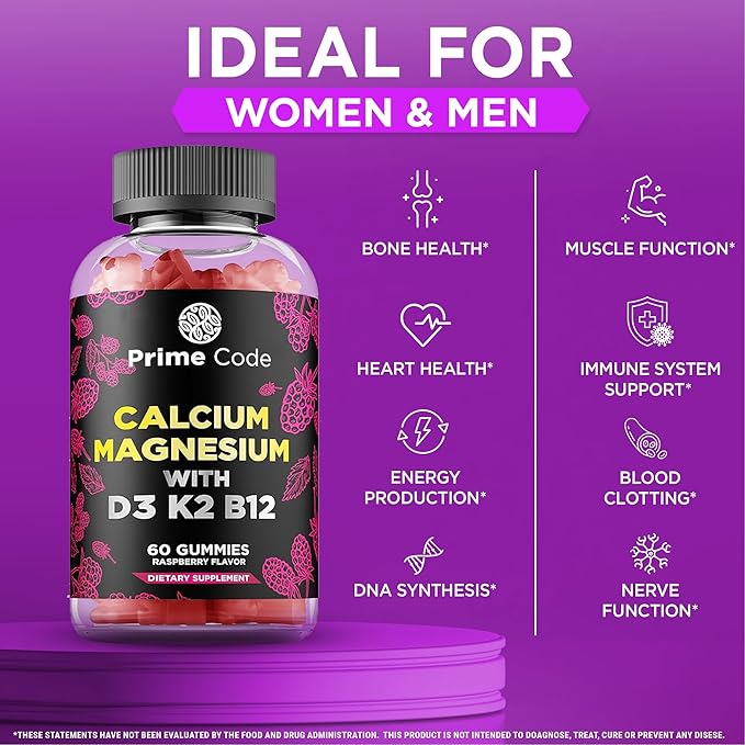 Prime Code Calcium Gummies for Women &amp Men with Magnesium Vitamin B12 Vitamin K2 &amp Vitamin D3 CoQ10 200mg &amp Vitamin C 250mg Gummies