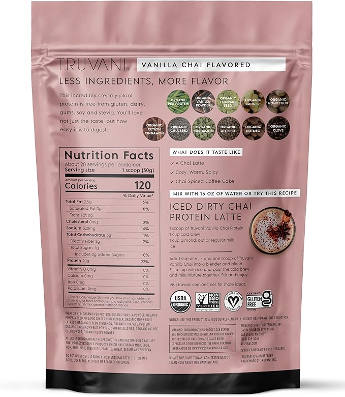Truvani Vegan Pea Protein Powder | Vanilla Chai | 20g Organic Plant Based Protein | 20 Servings | Keto | Gluten &amp Dairy Free | Low Carb | No Added Sugar
