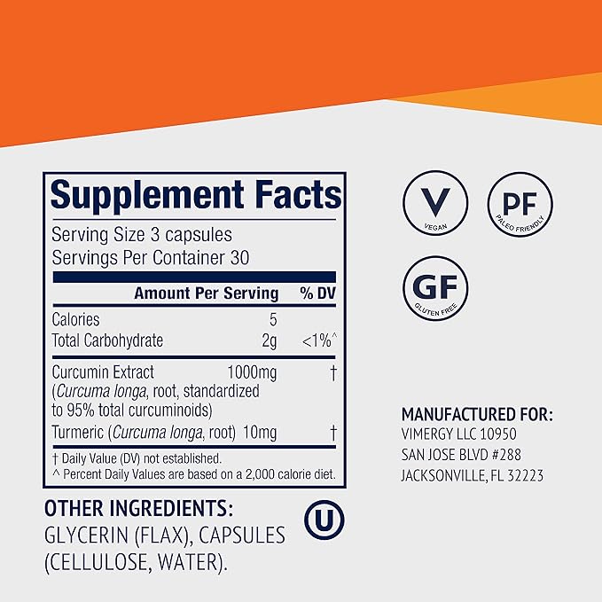 Vimergy Curcumin with Turmeric Supplement 1000mg Curcumin Extract/Serving – Liquid Capsules - Non-GMO Gluten-Free Kosher Vegan &amp Paleo Friendly Turmeric Curcumin Supplement (Pack of 2)