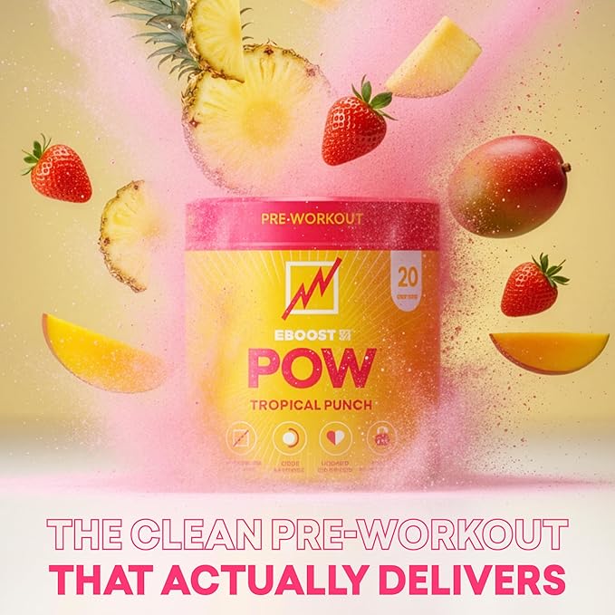EBOOST POW Natural Pre Workout Powder – 20 Servings - Tropical Punch - A Pre Workout Supplement for Performance Joint Mobility Support Energy Focus - Men &amp Women - Non-GMO Gluten-Free No Crea
